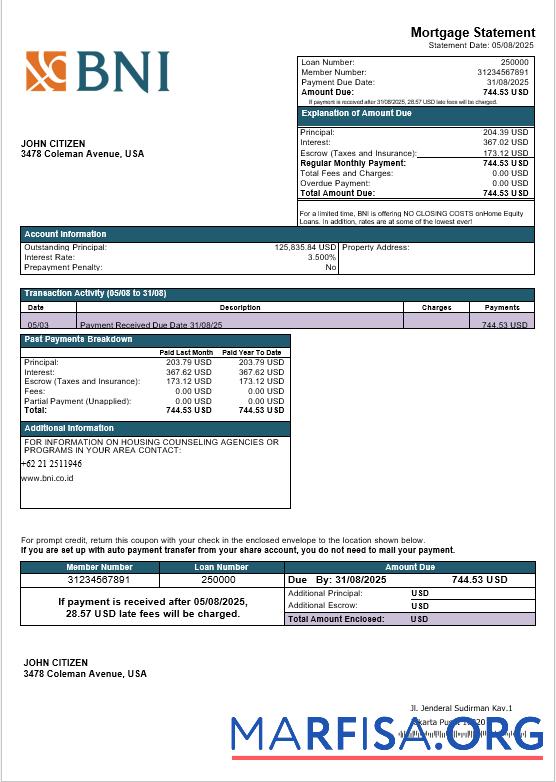 Downloadable USA Texas BNI bank mortgage statement in Word and PDF formats real example